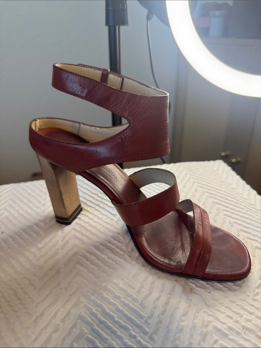 CNC Costume National Burgundy Strappy Block Heel Sandal with Metallic Heel